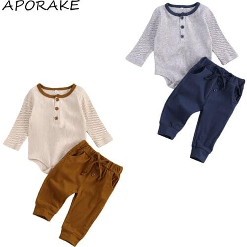 2020 0-18M Newborn Baby Girl Boy Fall Clothing Button Knited Long Sleeve Romper Top+Soft Cotton Solid Long Pants Casual Outfits