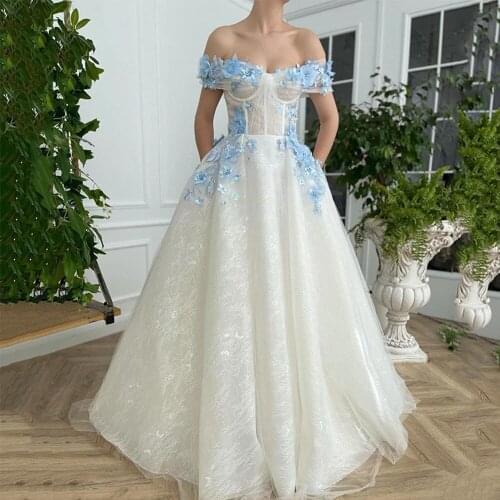 2021 Vestidos De Fiesta Wedding Dresses with Blue Handmade Flower Ball Gown off Shoulder Turkey Bridal Gowns No Train