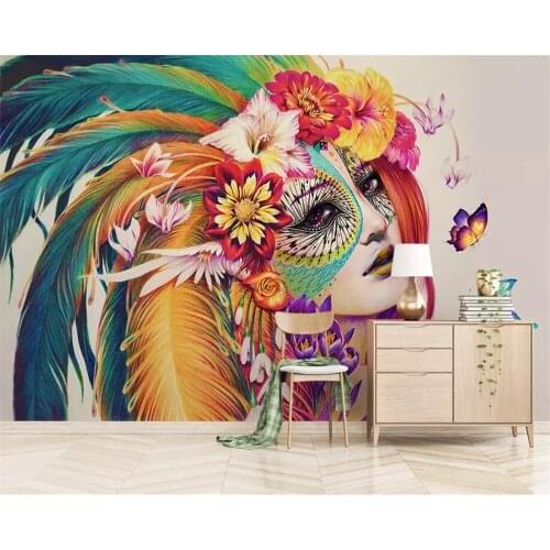 Beibehang 3d wallpaper hand-painted Graffiti Sexy beauty colorful beauty feather flower KTV bar background wall painting mural