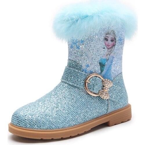 Disney Frozen Princess Elsa Boots For Girls Winter Warm Plush Snow Boots Sequins Children Party Shoes Waterproof Martin Boots