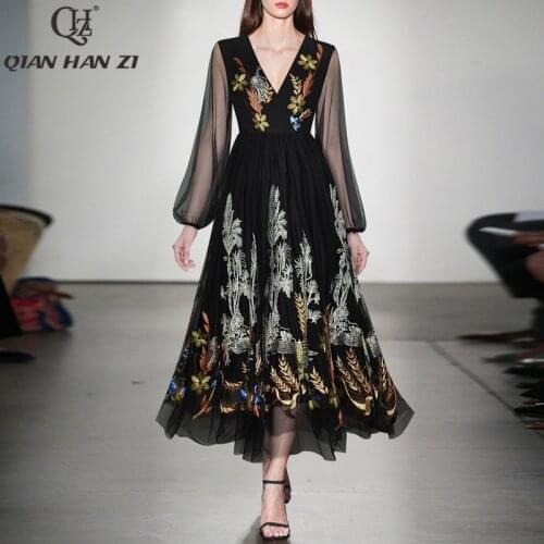 Qian Han Zi Summer Fashion Runway Maxi Dress Women lantern sleeves V-neck vintage Party Slim Mesh Flowers embroidered long dress