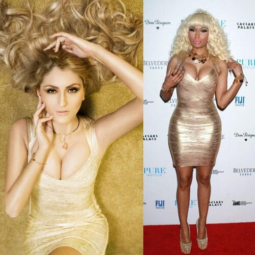 Cheap 2018 new fashion rayon metallic gold foil high quality halter neck hl bodycon bandage dress