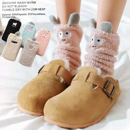 1 Pairs 2021 Cute Animal Coral Velvet Socks Woman Cartoon Little Monster Embroidery Plush Snow Board Socks Home Sleep Socks