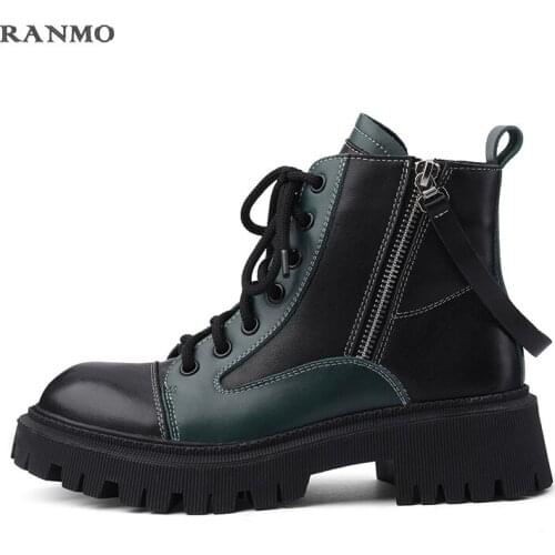 2021 New Round Toe Womens Boots Leather Short Boots Temperament Retro Mixed Color Womens Shoes Thick-soled Zipper Martin Boots