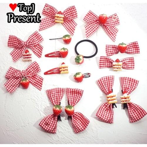 Original design Red girl series Japanese lovely red check bow with strawberry hairpin Lolita headdress