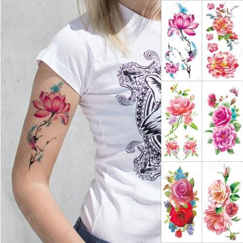 Sweet Rose Peony Flowers Watertransfer Tatoo Arm Shoulder Temporary Tattoo Stickers Flash Henna Body Art Fake Tattos For Women