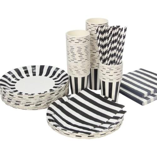 Stripes Paper Plates cups straws napkins set Powder black Baby Shower Favors, Sock Hop Party Favors