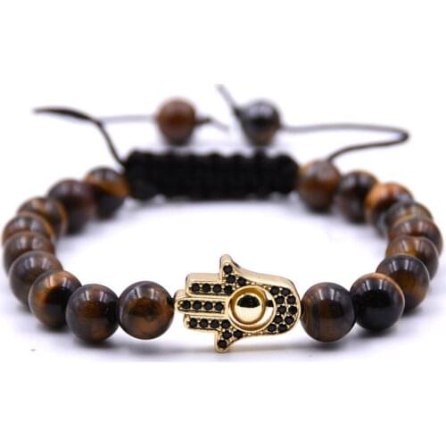 Handmade Crystal Stone Beaded Bracelet Energy Hamsa Hand Bangle Charm Yoga Mala s With CZ Rhinestone