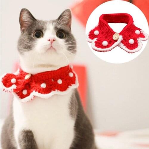 Christmas Red Knitted Cat Collar Scarf Cute Handmade Crochet Puppy Rabbits Bandana Pets Small Dogs Necklace Accessories S/M