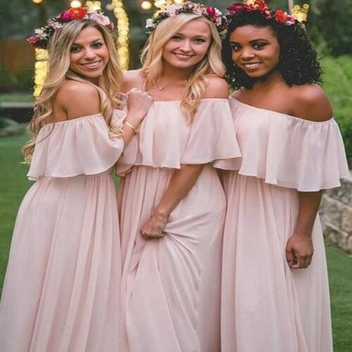 Chiffon Long Bridesmaid Dresses Elegant Pink Off The Shoulder Beach Bohemian Maid of Honor Wedding Party Bridesmaid Gown
