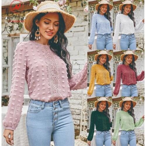 Women Solid Color Blouse Patchwork Design Embroidery Jacquard Lace Decor O-Neck Long Lantern Sleeve Spring Autumn Pullovers Top