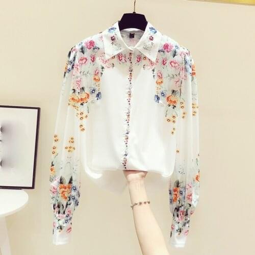 Floral Chiffon Women Shirts Summer New 2021 Turn-Down Collar Long-Sleeved Loose Elegant Office Lady Outwear Tops