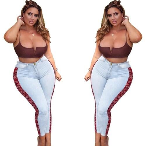 FNOCE womens jeans pants 2020 large size fashion casual patchwork print high waist tight stretch slim denim Calf-Length Pants