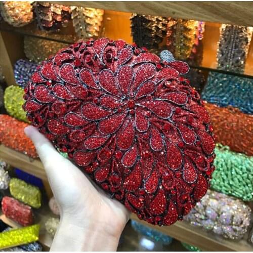 Red/gold Crystal Flower Hollow OUt Women Crystal day Clutches shoulder Bags Evening clutch Purse Bridal Wedding Party Handbags