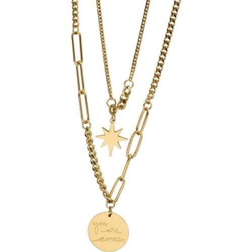 2021 New Stainless Steel Coin Womens Fashion Multi-layer Star Moon Titanium steel Pendant Necklace Not Fade Drop Shipping