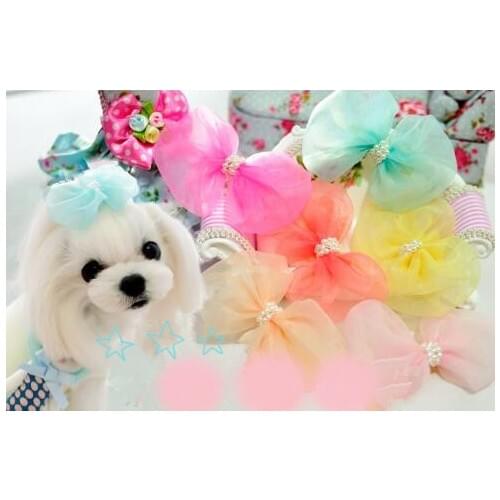 Dogs Hair Accessory Handmade pearl snow yarn Bowknot hairpin Pet Cats Grooming Clips Princess yarn flower Hairpin
