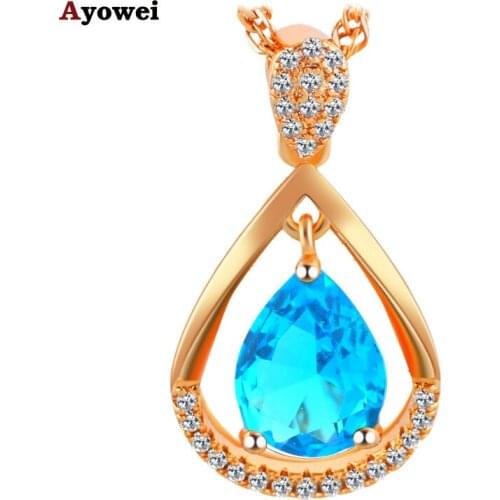 Ayowei For Elegant Women Party Gift Distinctive Fashion Jewelry Pendant& Necklace Blue Zircon Yellow Gold color LNS633A
