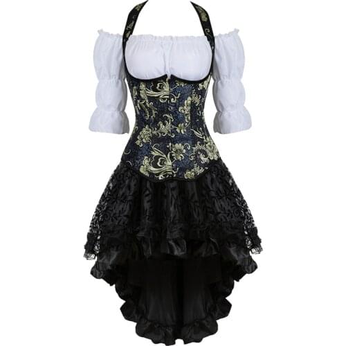 Bustiers corset dress skirt straps top vest corsets pirate lingerie burlesque plus size black burlesque three-piece korsett sexy