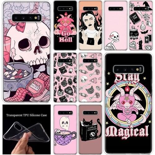Pink Cat Skull Sorceress Witch Phone Case Cover For Samsung Galaxy S10 S21 S20 FE Note 10 9 8 S9 S8 S7 Plus Ultra Lite Pro + Coq
