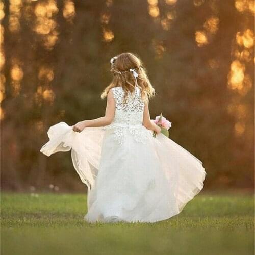 Long Tulle Flower Dresses For Girl Covered Button First Communion Dress Sleeveless O-Neck Pageant Girls Gown Wedding Party Dress