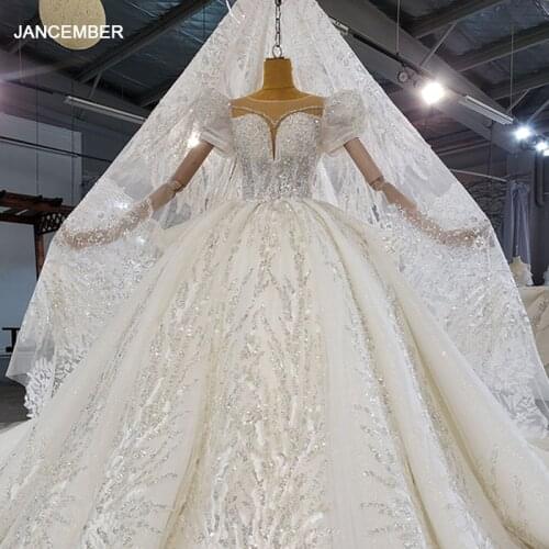 HTL2189 Elegant Ivory White Wedding Dress Bridal Shiny Metal Sequins Striped V-neck Short Sleeve Frill Lace Gown Robe De Mariée