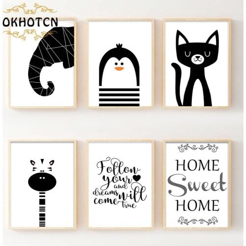 Kawaii Penguin Elephant Giraffe Art Canvas Poster Print Painting Cartoon Animals Nursery Picture Baby Children Room Decoration