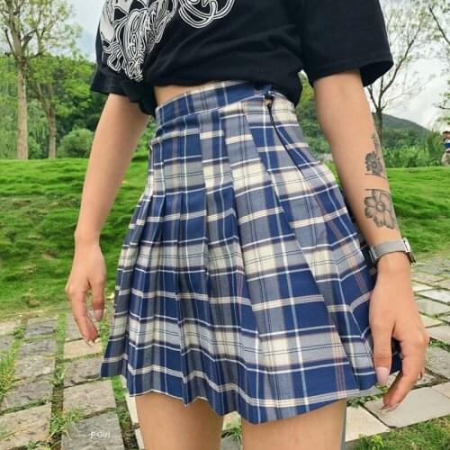 Korean Kawaii High Waist A-Line Tennis Skirt E-girl Plaid Mini Pleated Skirt Women Stylish School Students Girls Preppy Style