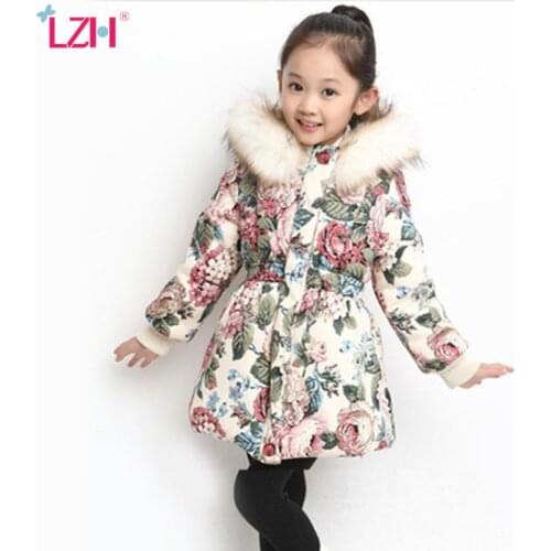 LZH 2021 Winter Fashion Floral Jackets Coat For Girls Hooded Fur Collar Thick Warm Cotton Coat Children Clothes Jacket 4-12 Year