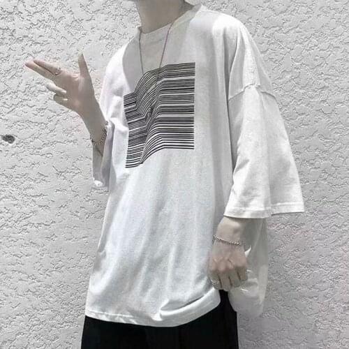 Summer Fun Striped Print T-Shirt Solid Color Simple All-Match Casual Short-Sleeved Clothes Fashion Hip-Hop Teen Black Streetwear