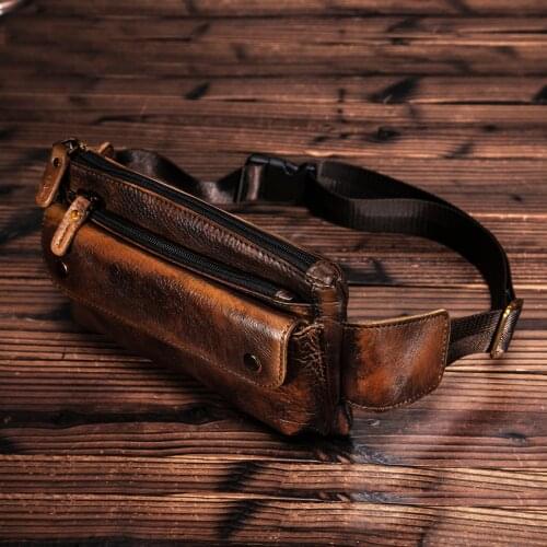 Cowhide Leather men Casual Fashion Travel Fanny Waist Belt Bag Chest Sling Bag Design Bum 7" Phone Case Pouch Male 8136-G