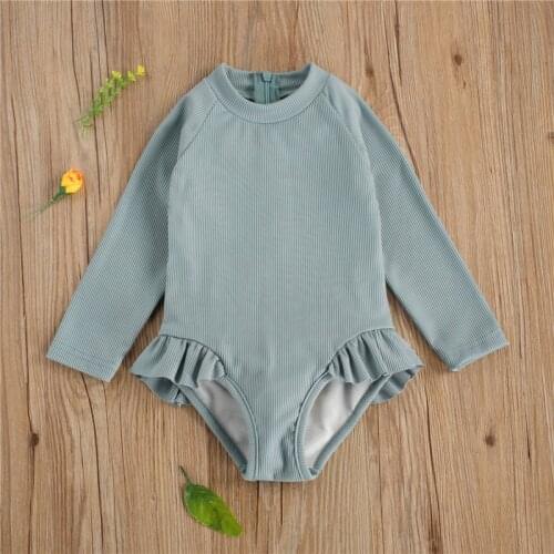 Soft Childs One Piece Swimwear Long Sleeve Round Neck Back Zipper Ribbed Triangle Crotch Jumpsuit