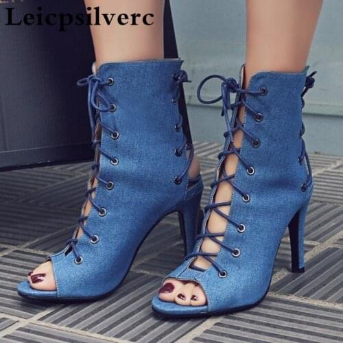Summer new European and American hollowed lace fish mouth high heel women sandals sexy cowboy boots Rome cool boots women