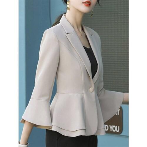 Solid Suit Womens Tops Flared Sleeves Ruffle Irregular Design Suit Coat Thin Suit Drape Slim Fit Women Blazer Jacket K823