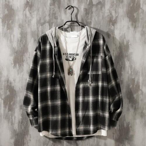 Hong Kong style couple plaid long-sleeved shirt red black Hooded shirt male ins Korean student casual Comfortable loose Shirts