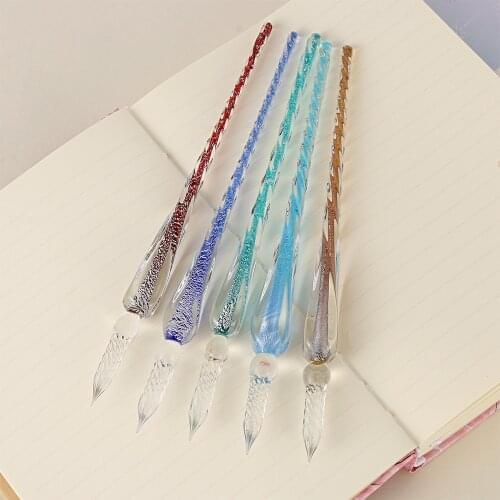 0.7MM Handmade Glass Lamp Work Pen With 3D Flower Inside Crystal Pen Holder Plunging Calligraphy Pen Filling Ink Fountain Pens