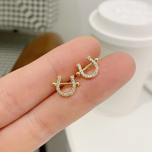 New Trend U-shaped Earrings Simple 14K Real Gold High Quality Pave Inlaid Zircon Stud Earring for Women Jewelry Bijoux Pendant