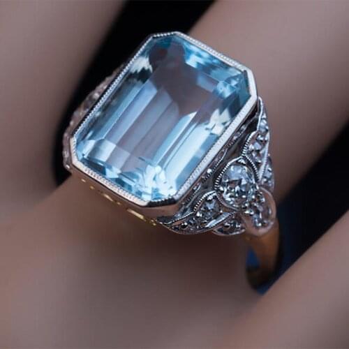 Vintage Bride Square Zircon Engagement Ring Luxury Female Aqua Blue Crystal Ring Dainty Silver Color Big Wedding Rings For Women