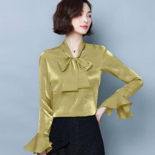 Autumn Spring Women Ladies Big Bow Collar Long Sleeve Yellow Beige Blouse Top Shirt , Woman Clothes , Tops Blouses for Women