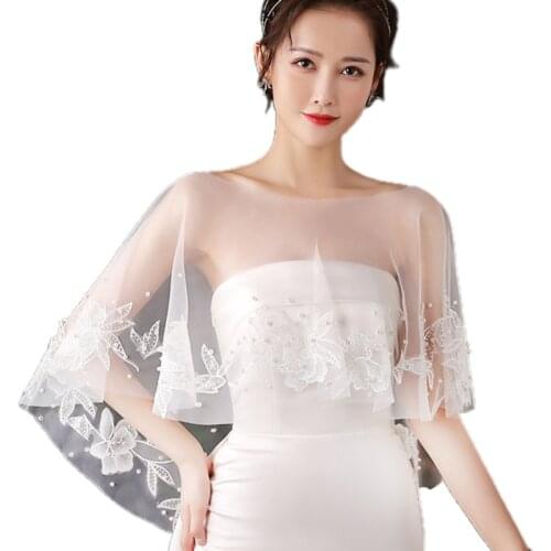 Womens Floral Lace Embroidered Shrug Shawl Wrap Wedding Bridal Bolero Tulle Jacket Imitation Pearl Beaded Cover Up Cape