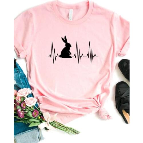 Women T Shirt Bunny Heartbeat Rabbit Print Tshirt Women Short Sleeve O Neck Loose T-shirt Ladies Causal Tee Shirt Tops