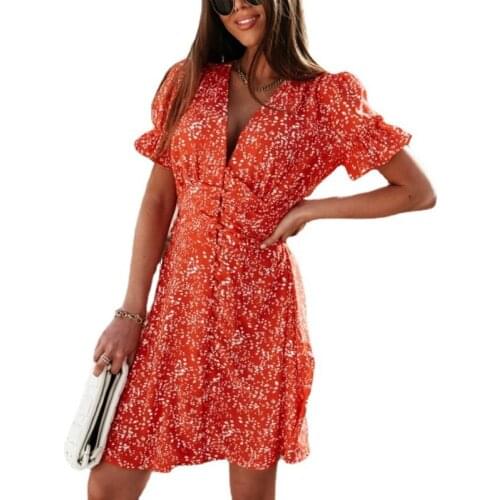 Women Summer Deep V Neck Single Breasted Short Sleeve Print Dresses Fashion Lady Party Club Slim Mini Dress 2021 Female Clothing