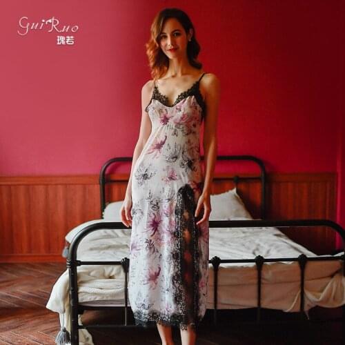 Womens Lace braces skirt Chiffon nightdress spaghetti strap Nightgown seduction sexy backless Sleepshirts printing home clothes