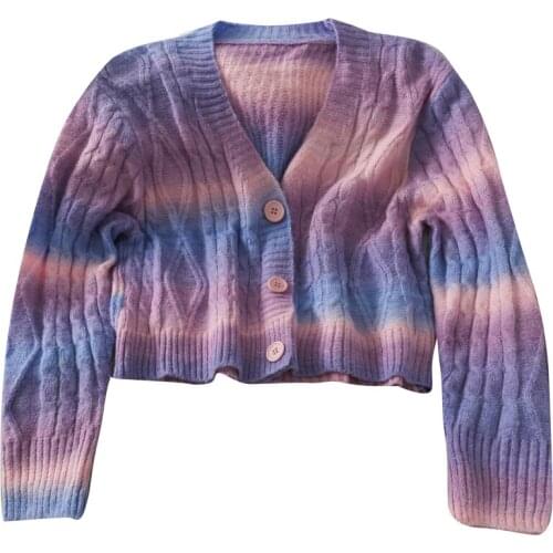 Autumn loose rainbow gradient twist single-breasted cardigan short section knitted sweater women