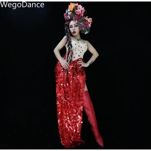 Hot Sale Flashing Red Sequins Dress Womens Birthday Celebrate Dress Romper Latin DS Bar Women Singer Dancer Long Dress