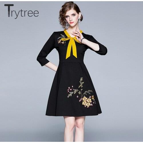 Trytree 2020 Autumn Women Casual Dress Bow Embroidery Zipper Wrist Sleeve Fashion Slim Fit A-line Elegant Mini Office Lady Dress