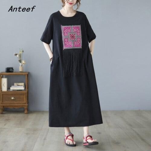 Short sleeve cotton linen vintage embroidery dresses for women casual loose long woman summer dress elegant clothes 2021