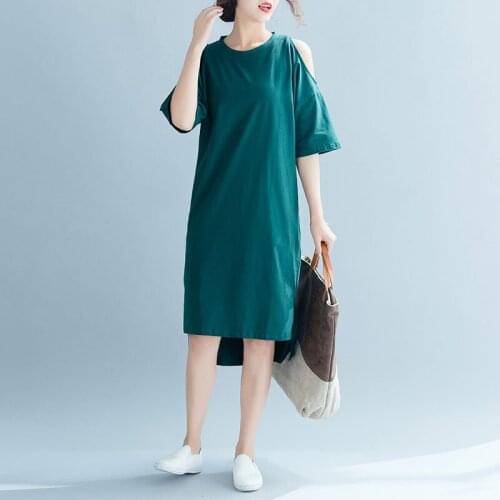 2020 Korean Loose Strapless mid-length Straight T-shirt Dress Summer Plus Size Short Sleeve Solid Color Cotton Dress b192