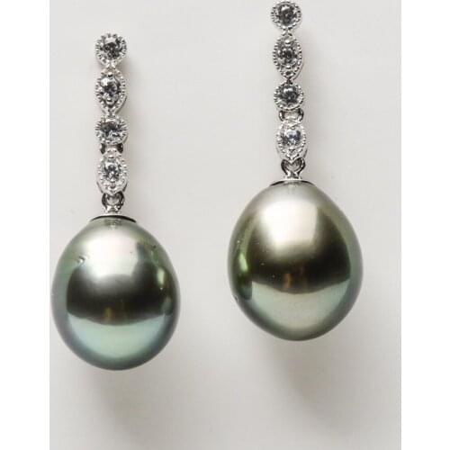Free Shipping Drops 9-10mm Natural Green Real Tahitian Pearl Earrings 14k Solid White Gold