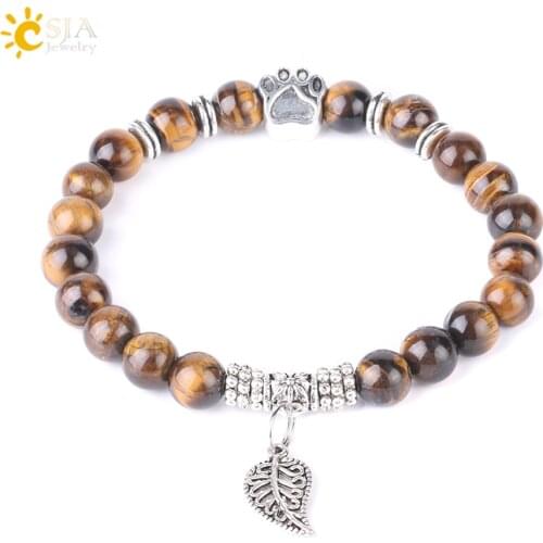 CSJA Natural Stone Mala Beads Bracelet Obsidian Indian Onyx Tiger Eye for Men Bracelets Vintage Bear Paw Leaf Charms Bangle F539