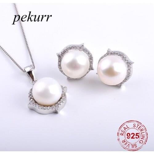 Pekurr 925 Sterling Silver Tip Point Round Hoop Freshwater Natural Pearl Earrings Necklace Sets For Women Circle Pendants Set